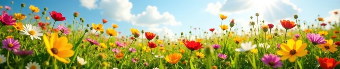 Wildflower field bathed in sunlight, diverse species, diverse, vibrant