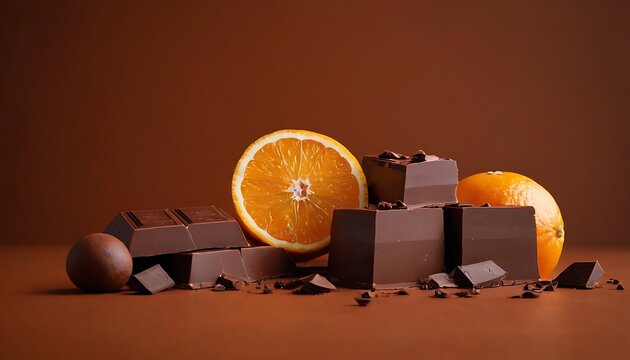 Chocolate, orange and nuts on black background,low angle shot of various of chocolate in middle of the air, sparkle reflexed , on black to orange gradient background,243