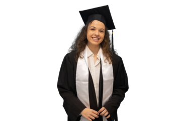 Happy graduate smiling and wearing graduation gown with transparent background