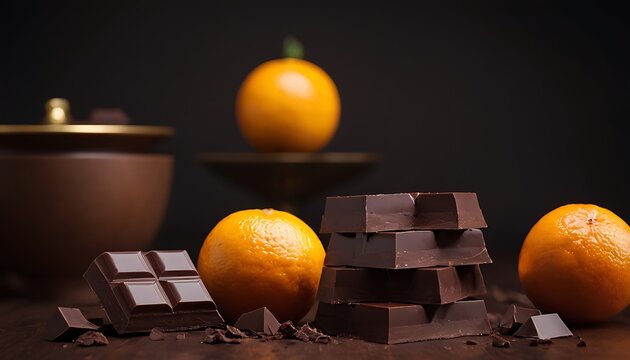 Chocolate, orange and nuts on black background,low angle shot of various of chocolate in middle of the air, sparkle reflexed , on black to orange gradient background,786