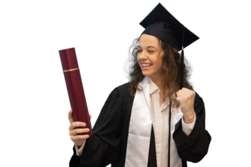 Happy graduate celebrating with diploma, transparent background
