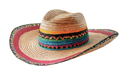 Colorful straw hat with intricate detailing for summer outdoor events and festive occasions, cut out