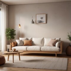 Cozy Scandinavian sofa in living room with natural wood accents and soft lighting,  soft lighting,  cozy couch