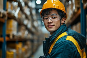 Fototapeta premium Portrait Confident Asian Warehouse Worker Safety Gear Industrial Setting Hard Hat Goggles Teal Uniform Yellow Vest Logistics Employee Modern Factory 