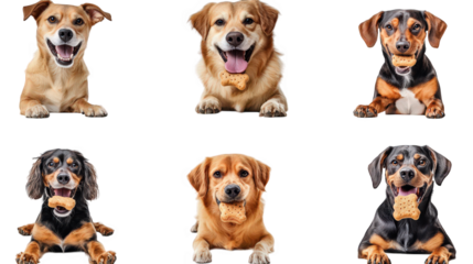six adorable dogs. each with a joyful expression. some holding treats in their mouths the dogs are arranged in a grid format. showcasing a variety of breeds and colors. all set against a clean. white