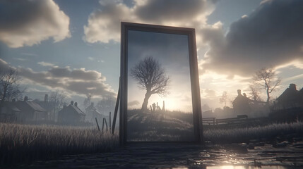 A symbolic Persian mirror reflecting spring blossoms, softly illuminated by morning light, representing the elegance and heritage of Iranian New Year traditions.