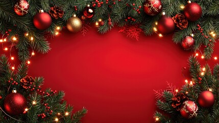 Festive Christmas Foliage with Ornaments and Lights on Red Background Design