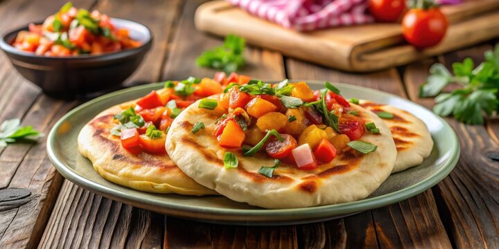 Pupusa on a plate with curtido and tomato salsa, street food, dinner plate