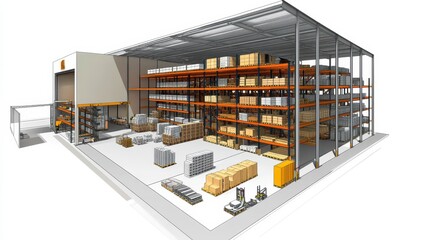 Modern warehouse with organized shelving and storage