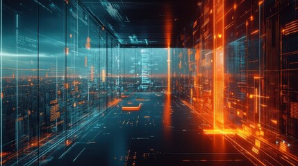 Futuristic workspace with AI-powered devices, holographic interface, and blank screen tablet, symbolizing the future of remote work and smart technology