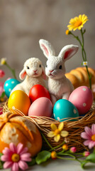 Easter Symbols United: Charming Bunny and Sweet Lamb Join Colorful Eggs in a Perfect Holiday Scene. Traditional Elements Capture the Spirit of Easter Celebration. Vertical Photography 
