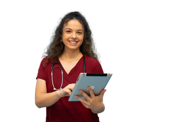Smiling nurse using digital tablet with transparent background