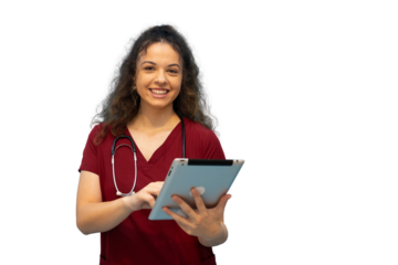 Smiling nurse using digital tablet with transparent background