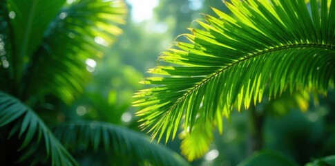 Dense cluster of lush green palm leaves swaying in tropical breeze, nature, plant