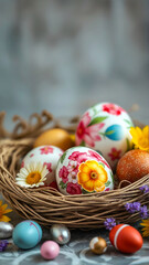 Fototapeta premium Easter Celebration Essentials: Vibrant Easter Eggs Nestled in a Charming Basket, Showcasing Traditional Holiday Decor and Artistic Expression. A Perfect Symbol of Springtime Joy.