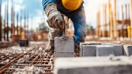 Construction Worker Laying Block in Stonework Scene