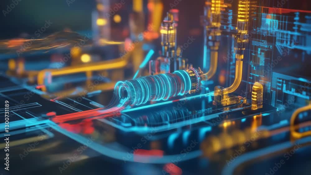 Poster complex machinery with glowing components processes digital information, symbolizing advanced automa
