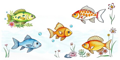 Colorful Fish Illustration Aquatic Life Pond Underwater Scene Nature Animals Flowers Goldfish Carp