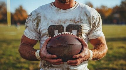 Dirty football player gripping ball on field.