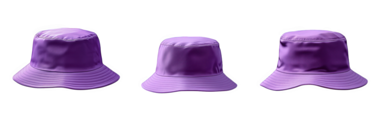 three purple bucket hats displayed at different angles. showcasing their design and structure these hats are typically worn for sun protection and style. making them a popular accessory for outdoor ac