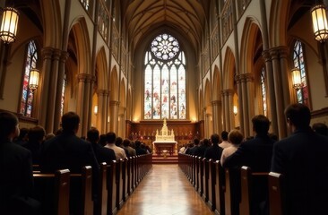 Fototapeta premium Congregation attending service in gothic cathedral with stained glass windows
