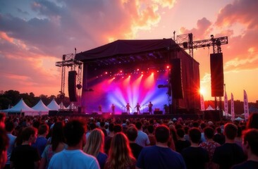 Outdoor music festival at sunset with diverse crowd and live band performance