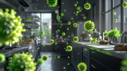 Microscopic view of viruses floating in a modern kitchen.  A dark and moody atmosphere with green particles in the air.