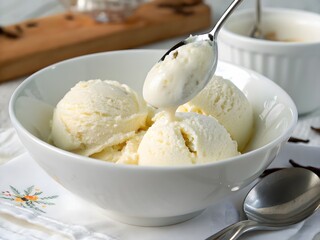 A white bowl of smooth vanilla ice cream, close up, centered