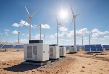 Electric generators at wind farms and solar parks with blue sky background,  eco innovative,  clean power generation, renewable energy sources