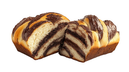freshly baked loaf of bread. showcasing a beautiful marbled pattern of chocolate and dough the loaf is sliced in half. revealing alternating layers of light and dark textures. highlighting its rich. s