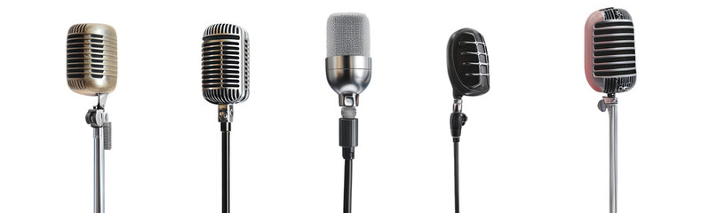 Fototapeta premium five vintage-style microphones arranged in a row. showcasing different designs and finishes these microphones symbolize music. performance. and communication. highlighting their historical significanc