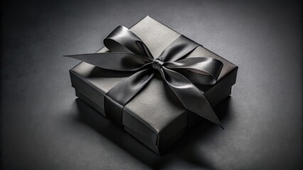 Black gift box with elegant black ribbon on dark background for a mysterious and luxurious feel, packaging