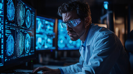 Fototapeta premium financial wealth regulation. Scientist analyzing data on multiple screens in a dark lab.