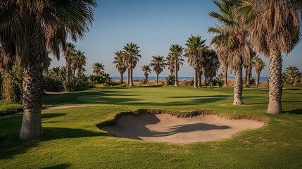 Tropical golf course fairway with sand trap, palm trees, and ocean view