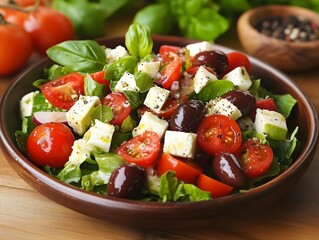 Rustic Greek Salad in a Wooden Bowl
