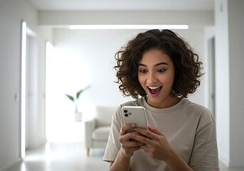 Una joven que se r&iacute;e sorprendida al ver su tel&eacute;fono m&oacute;vil.