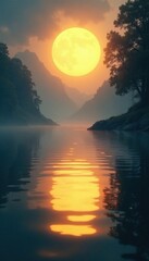 Naklejka premium Ethereal Golden Light Circle Effect on a Dreamy Lake Surface , mist, nature