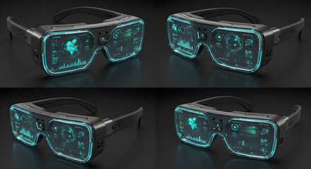 Futuristic smart glasses with glowing blue interface from different angles. High-tech augmented reality eyewear with digital display. Modern wearable technology for gaming and virtual reality