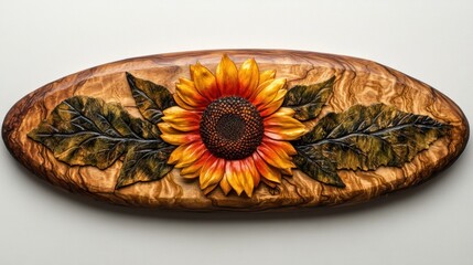 Carved sunflower on olive wood plaque.