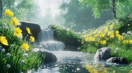 Naklejka premium Gentle Stream Flowing Through Lush Mountain Areas