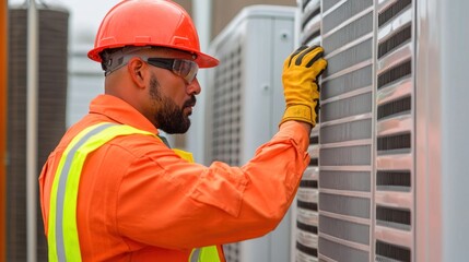 Air conditioner technician troubleshoot commercial building service call urban setting close-up view hvac maintenance