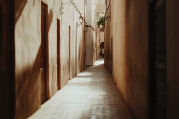 Obraz premium Narrow alley bathed in warm sunlight, revealing textured walls a