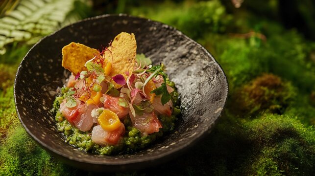Amazonian-style ceviche with piranha fillets, camu camu citrus, and cassava crisps, presented on a rainforest-inspired green moss background