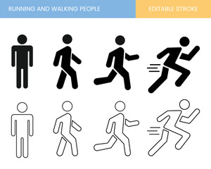 Running and walking people icons, people symbol, icons of people,  running icon, walking people icon, stroke, customizable
