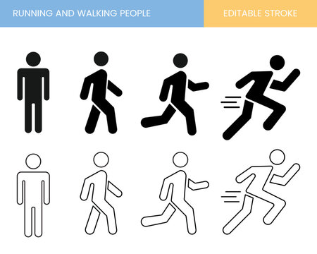 Running and walking people icons, people symbol, icons of people,  running icon, walking people icon, stroke, customizable
