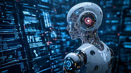 Fototapeta premium financial wealth regulation. Futuristic robot with digital interface in a high-tech environment