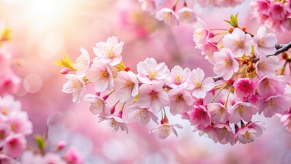 Obraz premium Stunning Japanese cherry blossoms in full bloom with delicate pink flowers against a soft white background, blossom, blooms in the garden