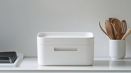 storage box with a lockable lid on a kitchen counter, offering a secure space for utensils or snacks. Storage box, lockable lid, kitchen counter, secure storage, kitchen essentials, kitchen 