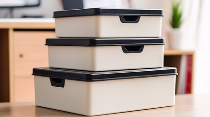 lockable storage boxes used for office filing, keeping documents and supplies organized. Stackable storage boxes, lockable lid, office filing, document storage, office organization, secure storage, 