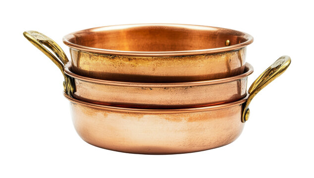 Copper cookware stack for culinary enthusiasts and chefs in kitchen settings with rich heritage and timeless elegance, cut out